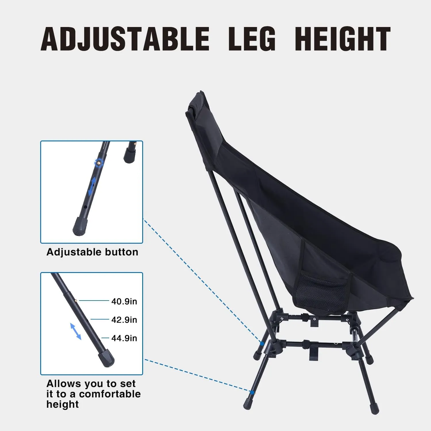 MOON LENCE Portable Camping Chairs for Adults, Adjustable Oversize Beach Chair Lawn Chair with High Back & Headrest - Large Capacity, Heavy Duty - Backpacking Folding Chair for Hiking Fishing, Black