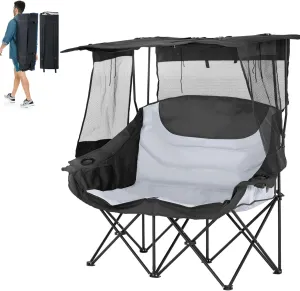 MOPHOTO Double Beach Chair with Canopy Shade, 2 Person Folding Chair with Cup Holder & Storage Bag, Double Lawn Chair Outdoor for Camping, Beach, Picnic