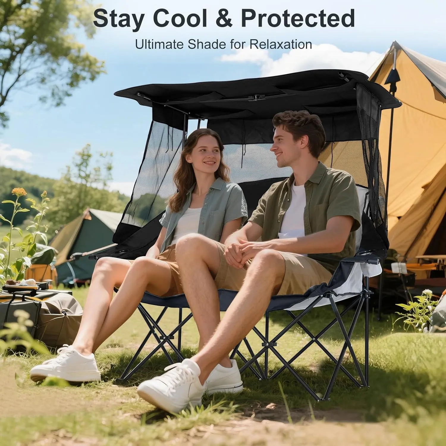 MOPHOTO Double Beach Chair with Canopy Shade, 2 Person Folding Chair with Cup Holder & Storage Bag, Double Lawn Chair Outdoor for Camping, Beach, Picnic