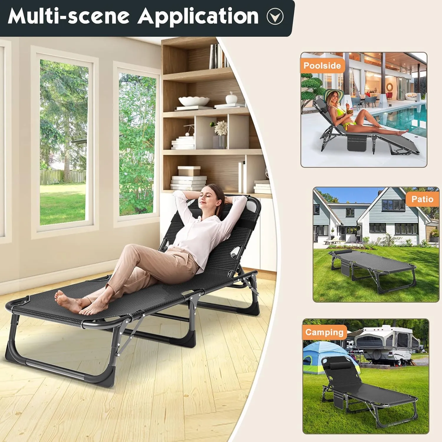 MOPHOTO Folding Chaise Lounge Chair 5-Position, Folding Cot, Heavy Duty Patio Chaise Lounges for Outside, Poolside, Beach, Lawn, Camping (Lounge Cot, Silver Azure)