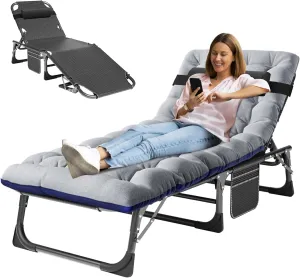 MOPHOTO Folding Chaise Lounge Chair 5-Position, Folding Cot, Heavy Duty Patio Chaise Lounges for Outside, Poolside, Beach, Lawn, Camping (Lounge Cot, Silver Azure)