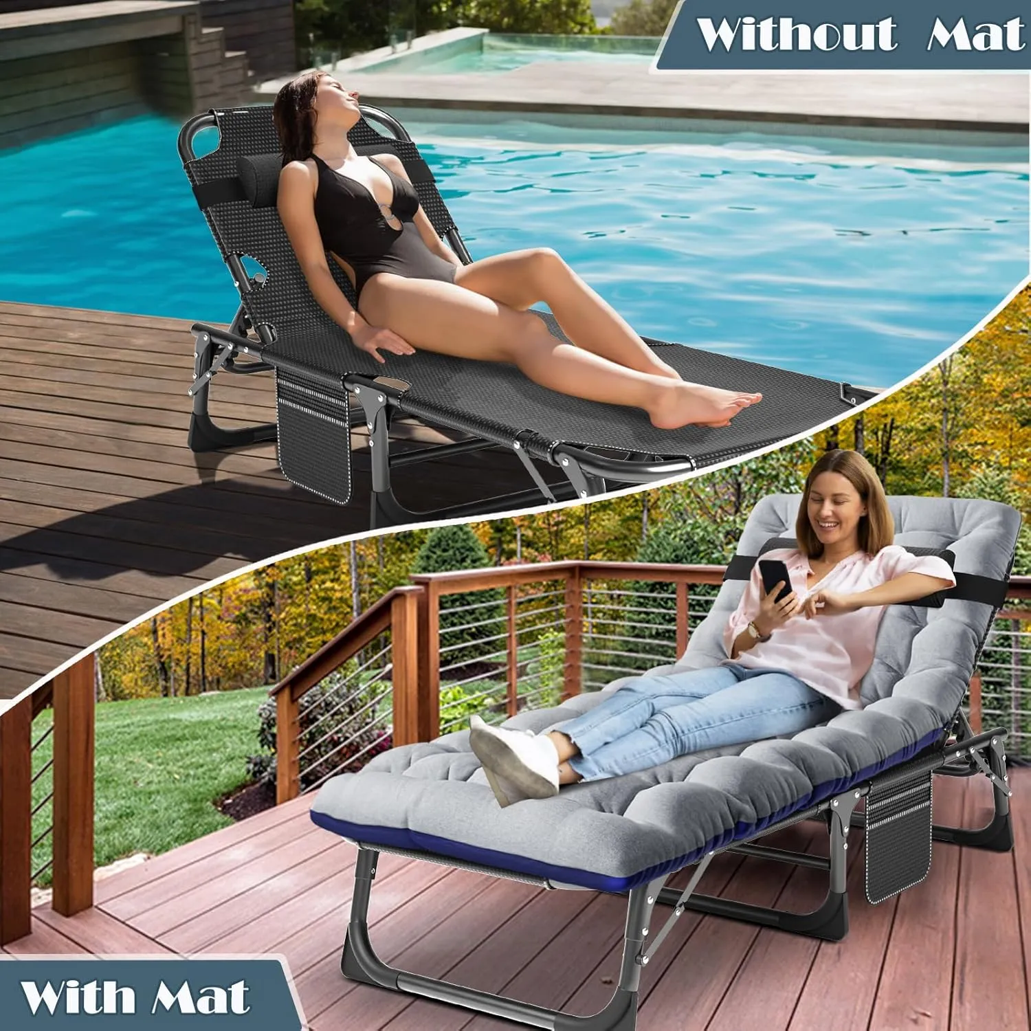 MOPHOTO Folding Chaise Lounge Chair 5-Position, Folding Cot, Heavy Duty Patio Chaise Lounges for Outside, Poolside, Beach, Lawn, Camping (Lounge Cot, Silver Azure)