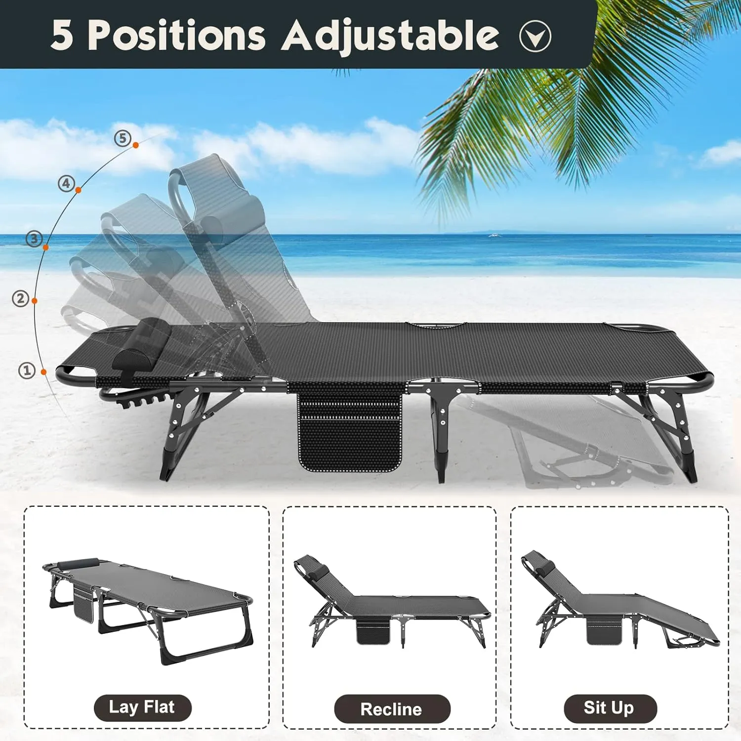 MOPHOTO Folding Chaise Lounge Chair 5-Position, Folding Cot, Heavy Duty Patio Chaise Lounges for Outside, Poolside, Beach, Lawn, Camping (Lounge Cot, Silver Azure)