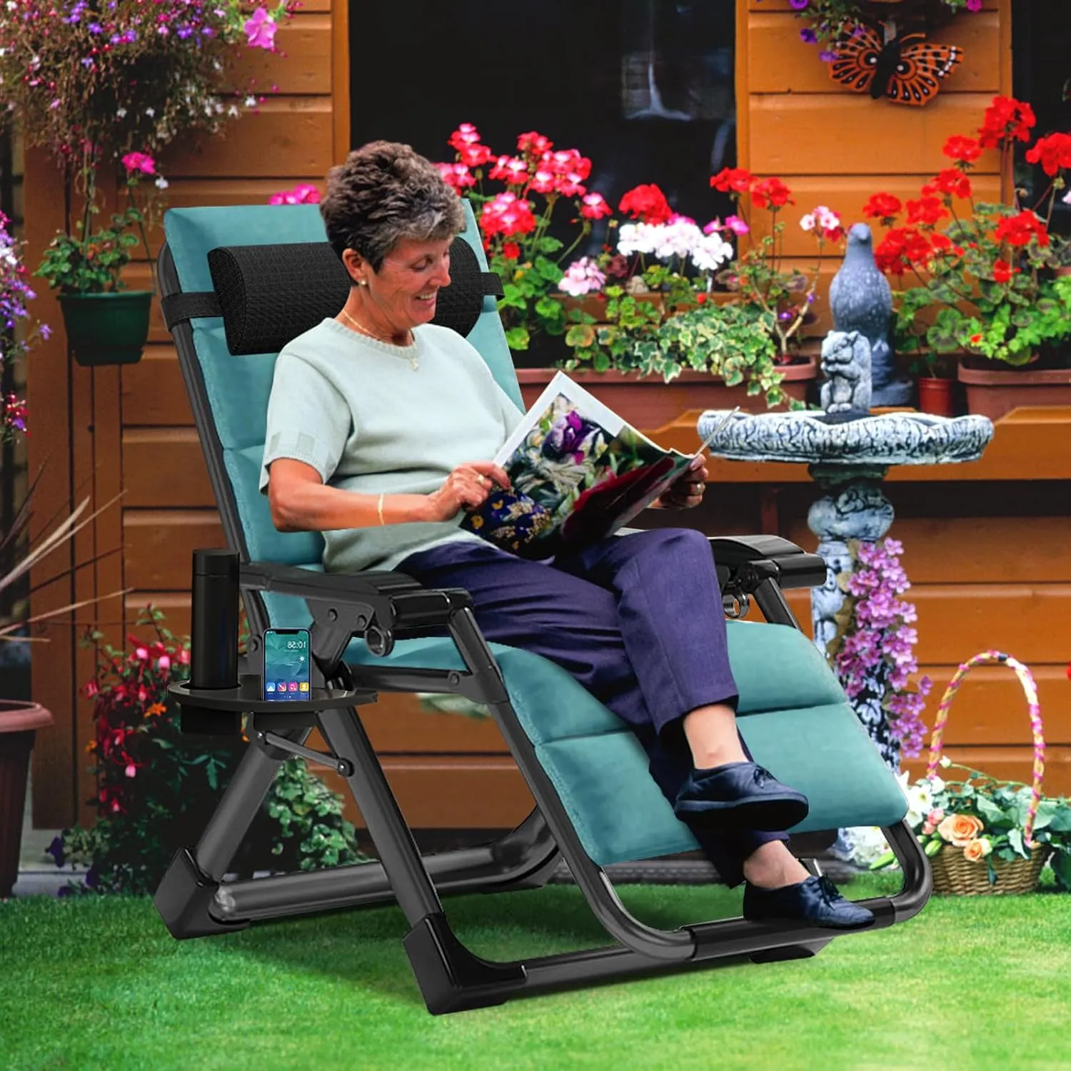 MOPHOTO Zero Gravity Chair, Outdoor Padded Lounge Chair with Side Table, Zero Gravity Recliner Chair, Outdoor Reclining Chair, Sturdy & Comfortable, Supports up to 440lbs