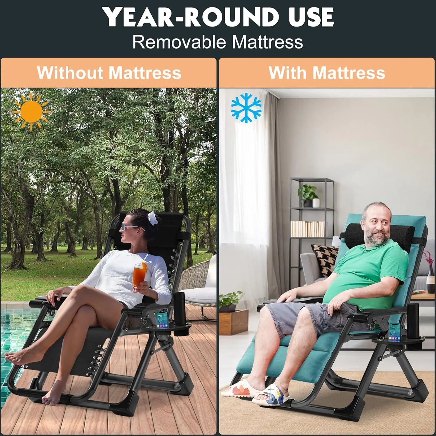 MOPHOTO Zero Gravity Chair, Outdoor Padded Lounge Chair with Side Table, Zero Gravity Recliner Chair, Outdoor Reclining Chair, Sturdy & Comfortable, Supports up to 440lbs