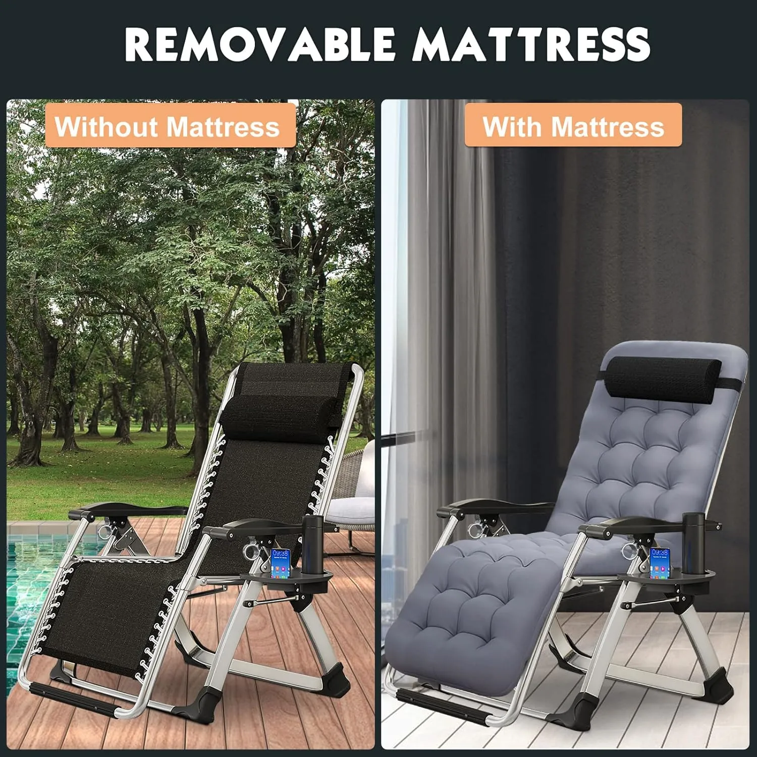 MOPHOTO Zero Gravity Chair, Outdoor Padded Lounge Chair with Side Table, Zero Gravity Recliner Chair, Outdoor Reclining Chair, Sturdy & Comfortable, Supports up to 440lbs
