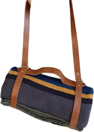 Motorcycle Bedroll/Cowboy Bedroll – Waxed Canvas Blanket with Vegan Leather Strap, Waterproof Backing, Roll-Up Blanket Carrier (Blue/Grey w/Strap)