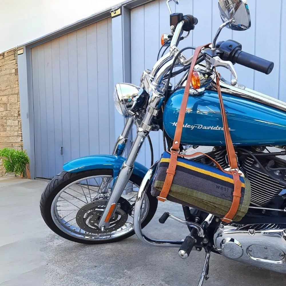 Motorcycle Bedroll/Cowboy Bedroll – Waxed Canvas Blanket with Vegan Leather Strap, Waterproof Backing, Roll-Up Blanket Carrier (Blue/Grey w/Strap)