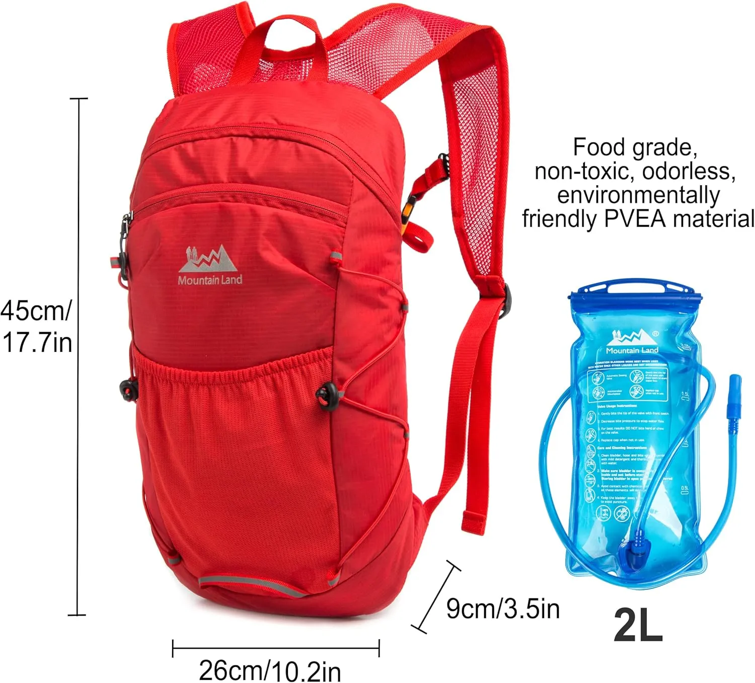 Mountain Land 10L Hydration Pack & 2L Water Bladder Water Resistant Lightweight Backpack for Cycling Hiking Skiing Biking Rucksack for Kids Women and Men Red