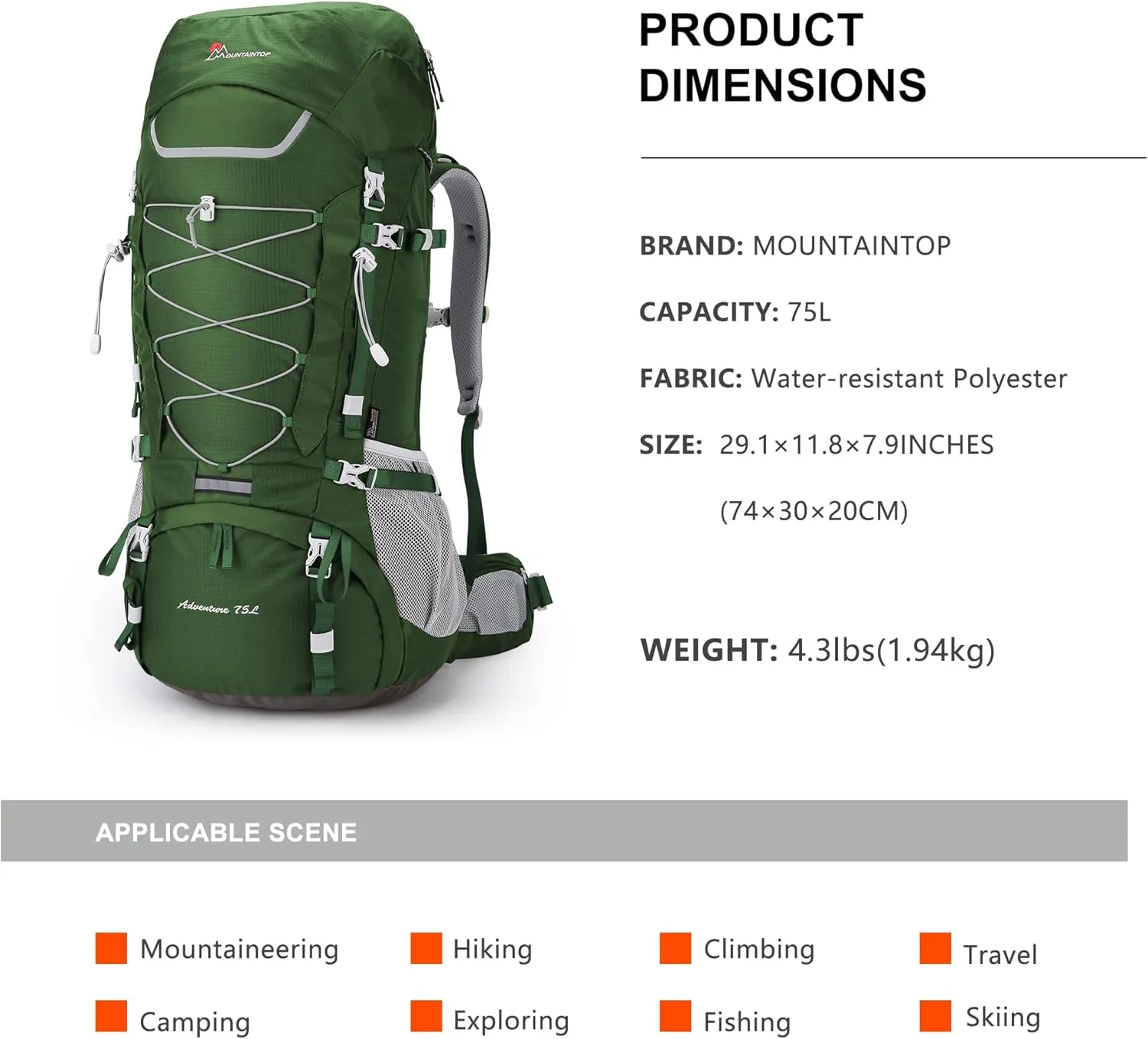MOUNTAINTOP 75L Internal Frame Backpack with Rain Cover Backpacking Camping Hiking Backpack for Men Women