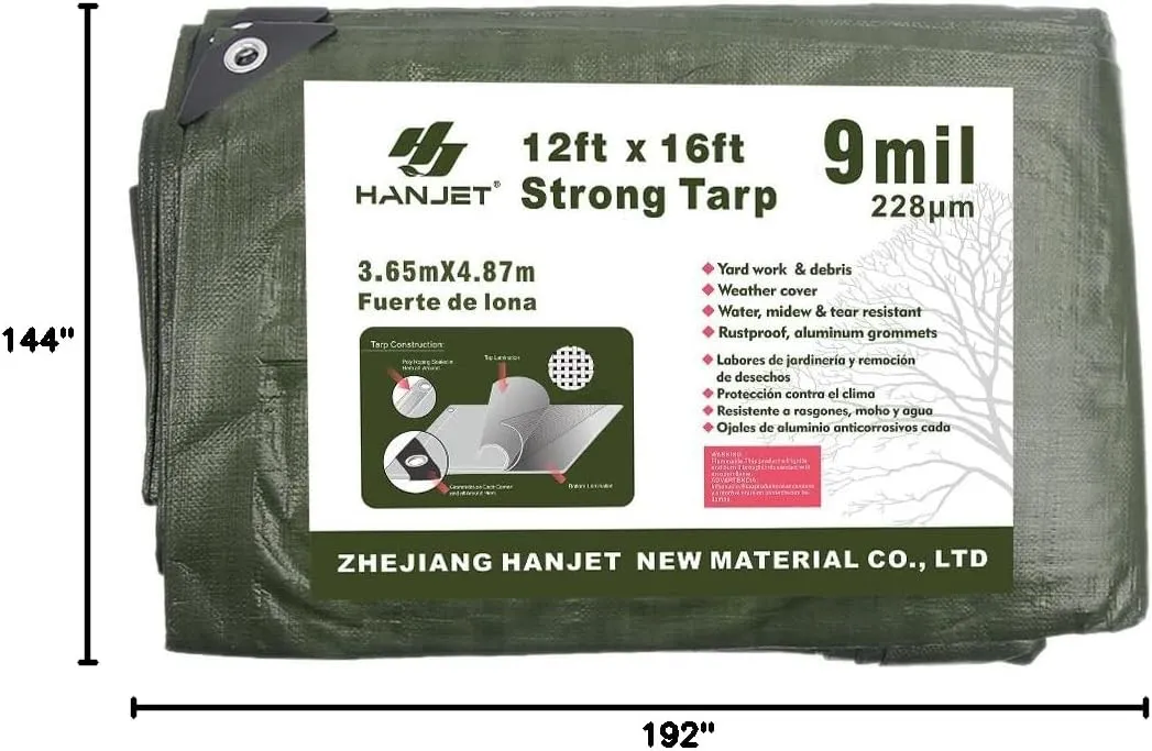 Multi Purpose Tarp 12' x 16' 9-mil Thick Waterproof Camping Tents Tarps Poly Tarpaulin Green