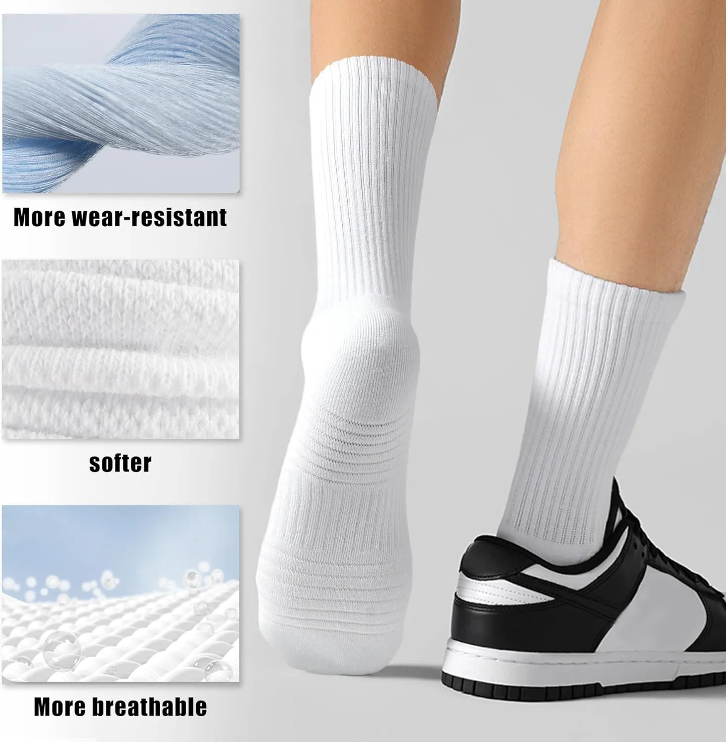 MUQU Mens White Crew Socks - Cushioned Sports Athletic Socks For Walking Hiking Running 6 Pairs