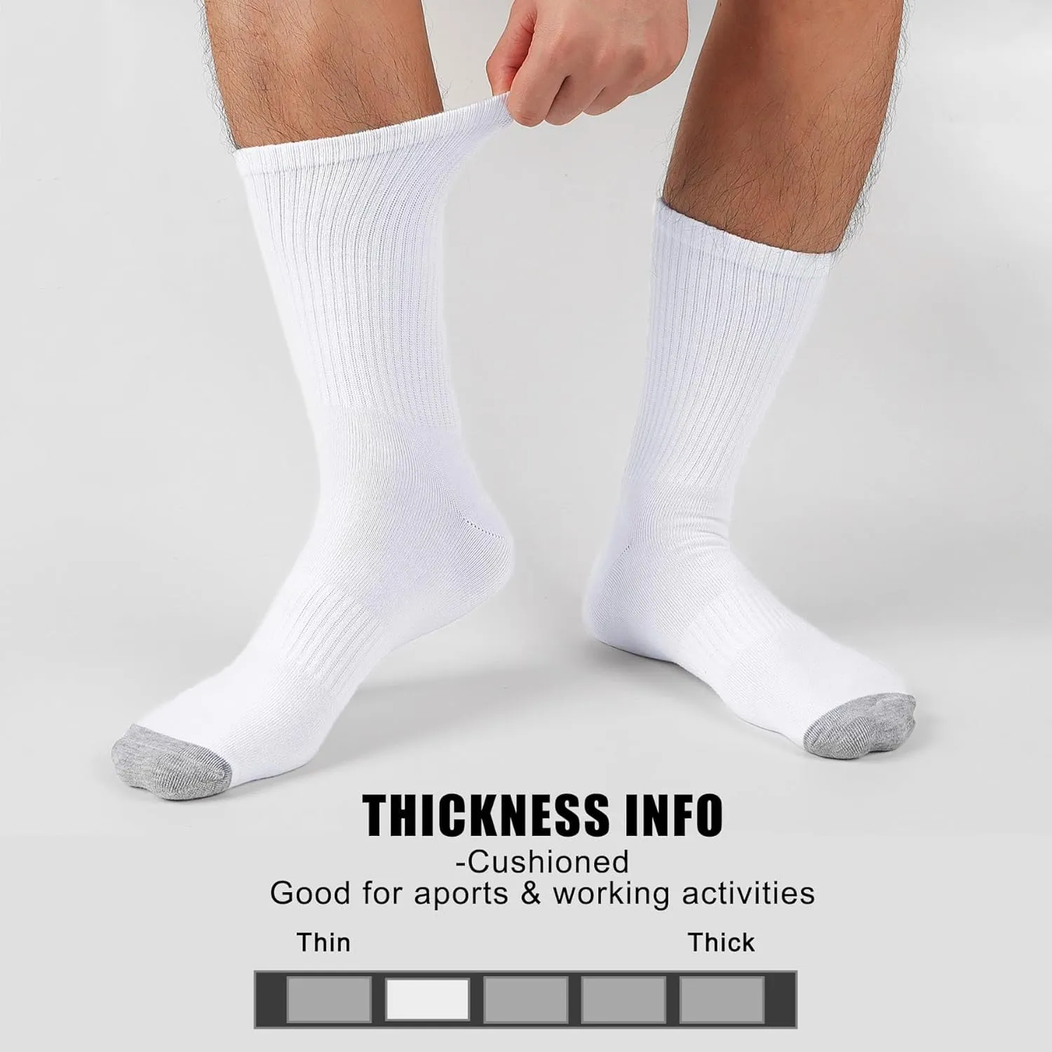 MUQU Mens White Crew Socks - Sports Thin Athletic Breathable Running Long Socks 6 Pairs