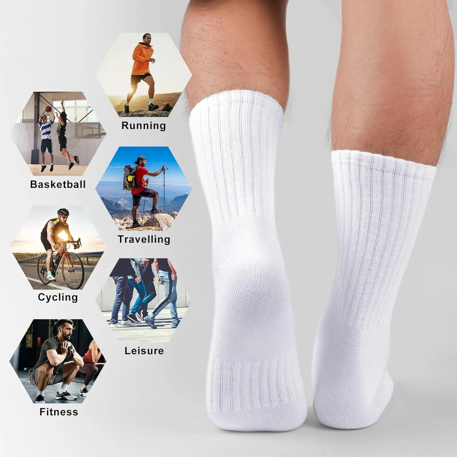 MUQU Mens White Crew Socks - Sports Thin Athletic Breathable Running Long Socks 6 Pairs