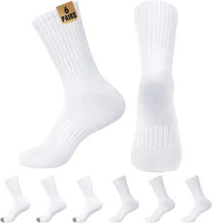 MUQU Mens White Crew Socks - Sports Thin Athletic Breathable Running Long Socks 6 Pairs