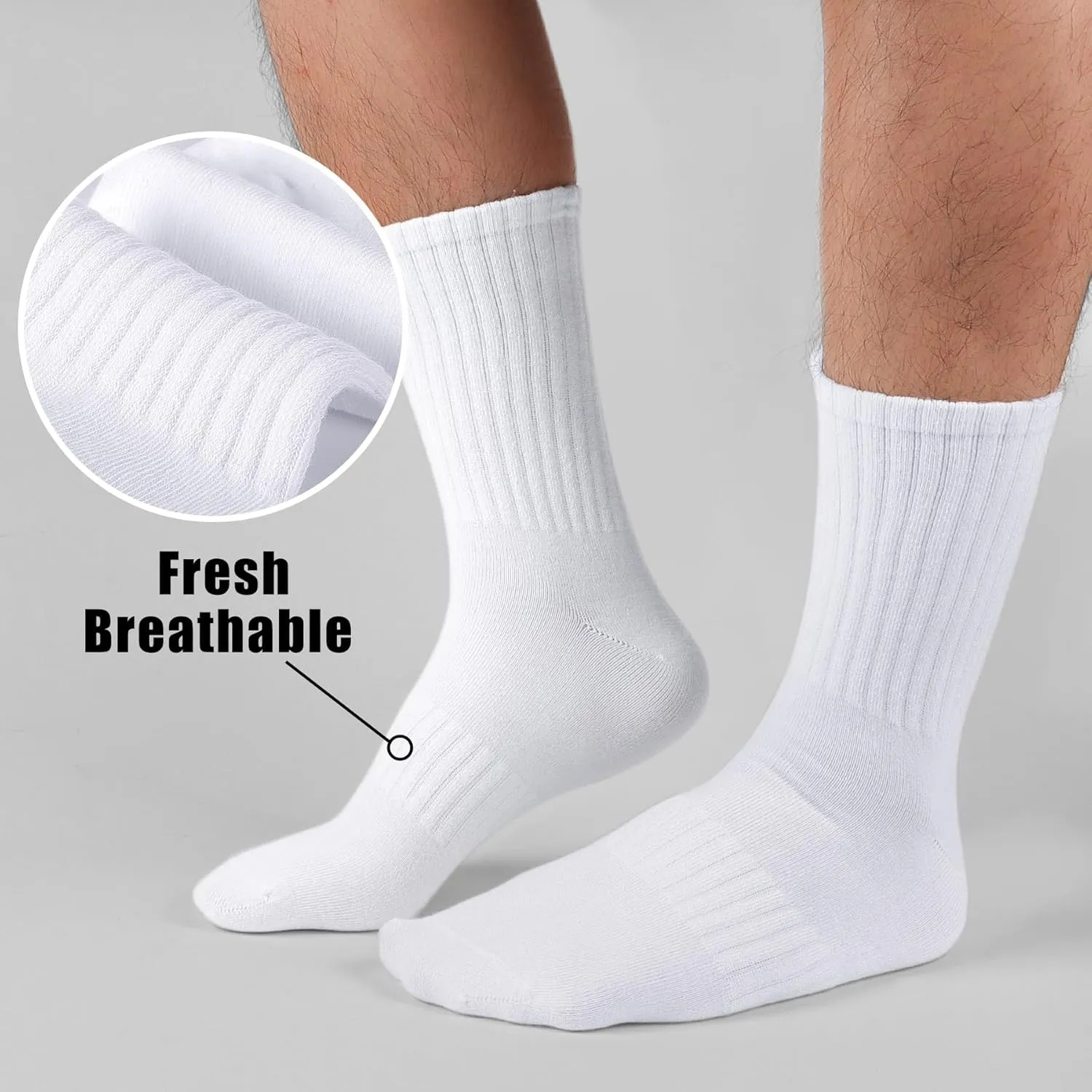 MUQU Mens White Crew Socks - Sports Thin Athletic Breathable Running Long Socks 6 Pairs