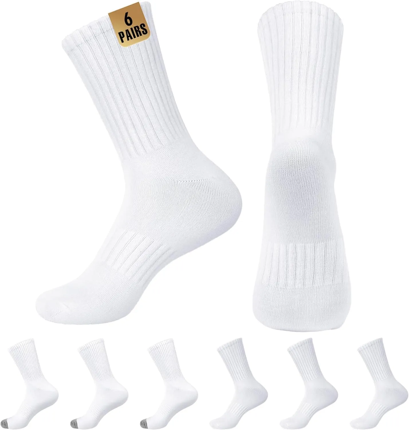 MUQU Mens White Crew Socks - Sports Thin Athletic Breathable Running Long Socks 6 Pairs