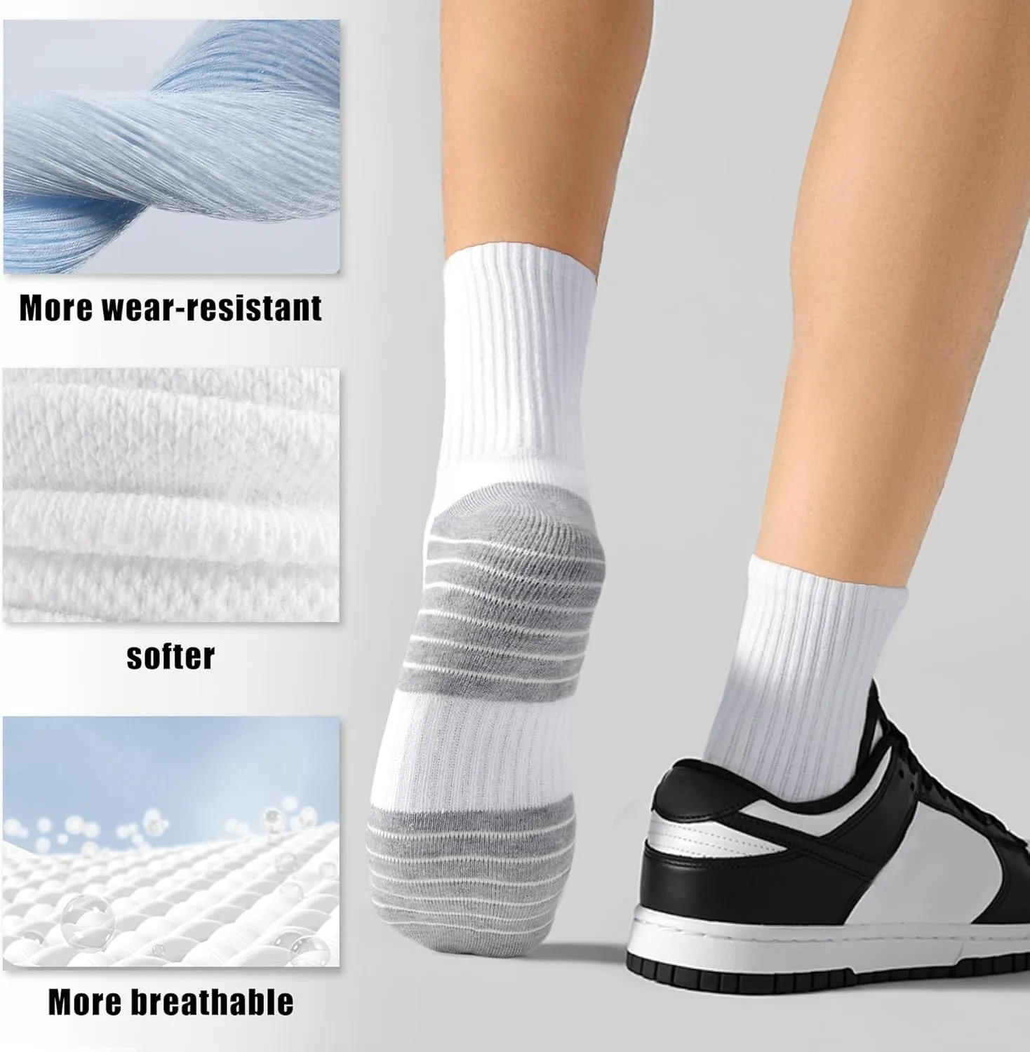 MUQU Mens White Quarter Athletic Socks - Cushioned Running Mid Crew Sock for Sports 6 Pairs