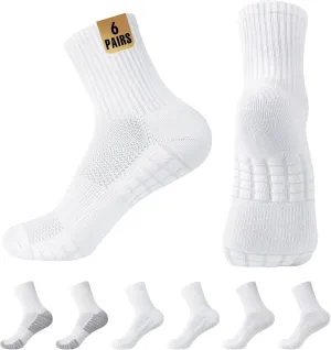 MUQU Mens White Quarter Athletic Socks - Cushioned Running Mid Crew Sock for Sports 6 Pairs