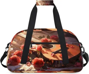 Musical Guitar Gym Duffel Bag for Men Women Rose Petals Sports Tote Bag with Adjustable Shoulder Strap for Dance Gymnastics Traveling Outdoor Camping Overnight Stay