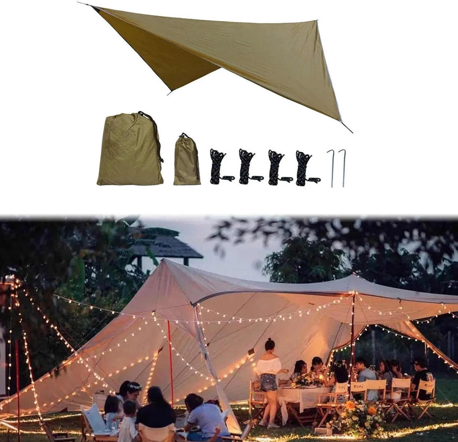 MYCENSE Camping Tarp Hammock Canopy Lightweight Sun Protection Large Tent Tarp Rain Awning for Backyard Outdoor Beach Travel Fishing, Khaki