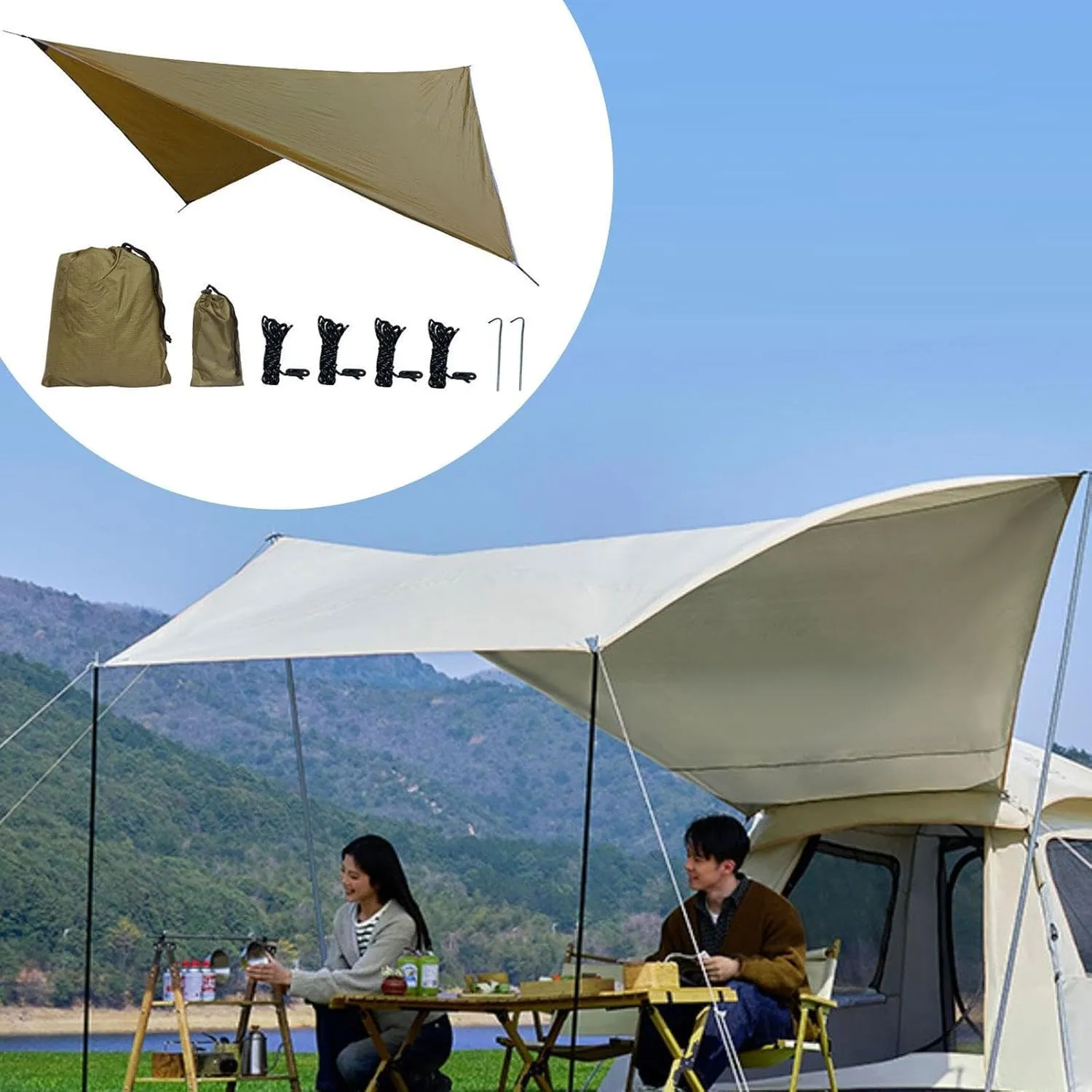 MYCENSE Camping Tarp Hammock Canopy Lightweight Sun Protection Large Tent Tarp Rain Awning for Backyard Outdoor Beach Travel Fishing, Khaki