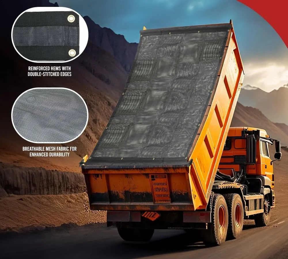 Mytee Products 5'x14' Dump Truck Mesh Tarp with 5 Inch 18Oz Double Pocket & Grommets - Vinyl Coated Dump Trailer Tarp to Prevent Load Spillage During Transportation