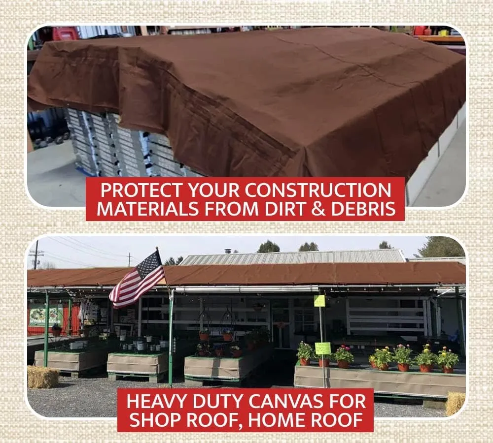 Mytee Products 6' x 8' Dark Brown Canvas Tarp 12oz - Water Resistant & Breathable - Heavy Duty Tarps - Multipurpose Tarpaulin Cover for Camping Tent
