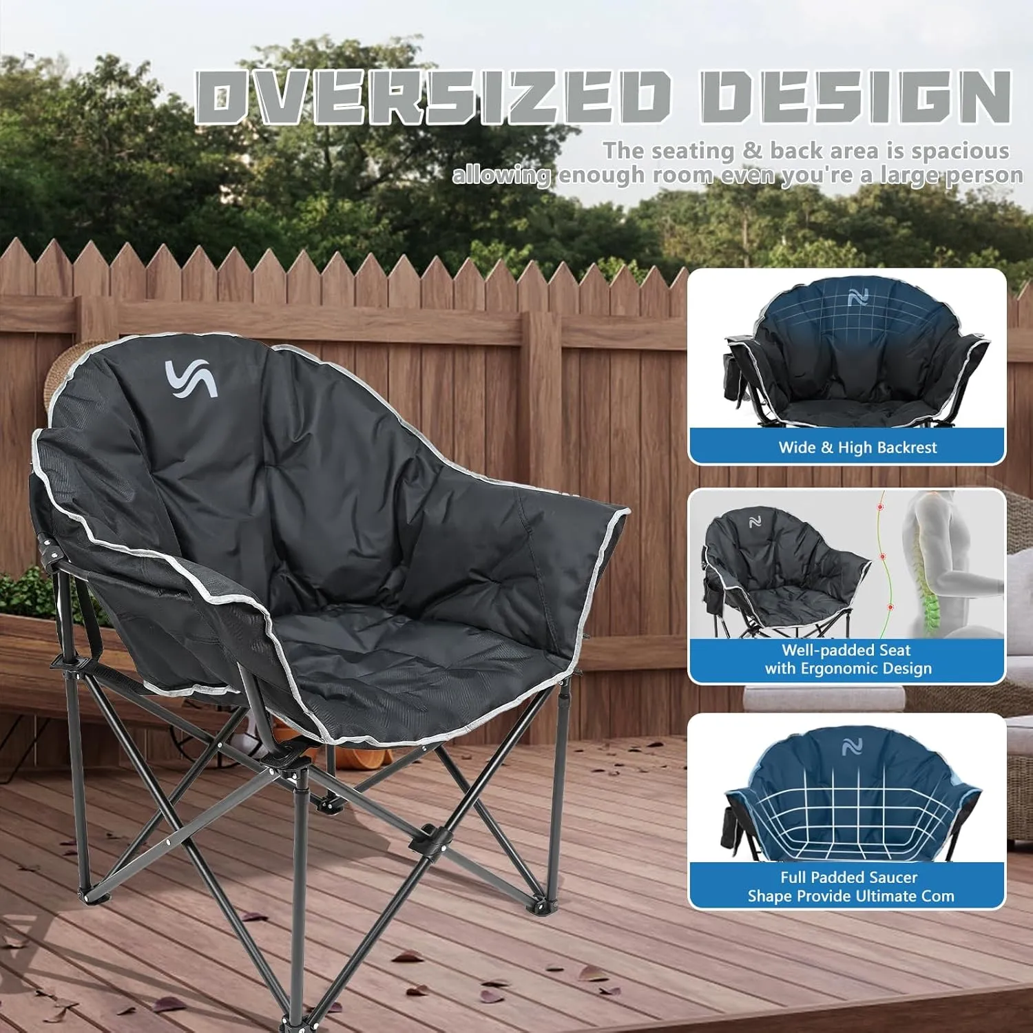 NAIZEA Heavy Duty Camping Chair - Oversized Portable Camping Chairs, Patio Lounge Chairs, Padded Outdoor Folding Chair for Sports Lawn Beach Garden Fishing