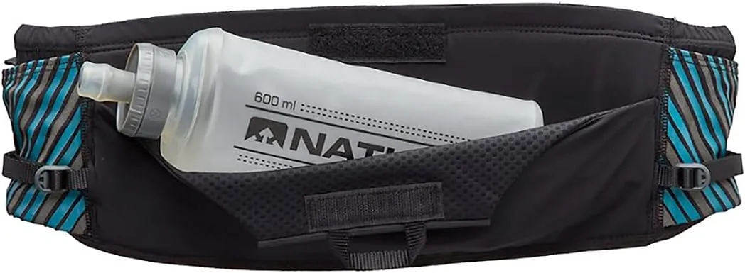Nathan Running Belt Pinnacle Hydration Waistbelt/WaistPack. Includes Soft Flask, Storage, Zipper Pocket. For Running, Hiking Fanny Pack. No Bounce! (XXS/XS, Black/Blue)