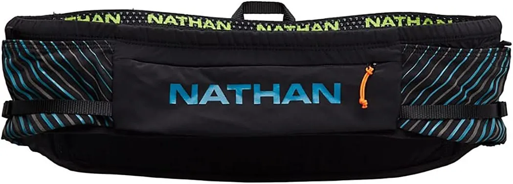 Nathan Running Belt Pinnacle Hydration Waistbelt/WaistPack. Includes Soft Flask, Storage, Zipper Pocket. For Running, Hiking Fanny Pack. No Bounce! (XXS/XS, Black/Blue)
