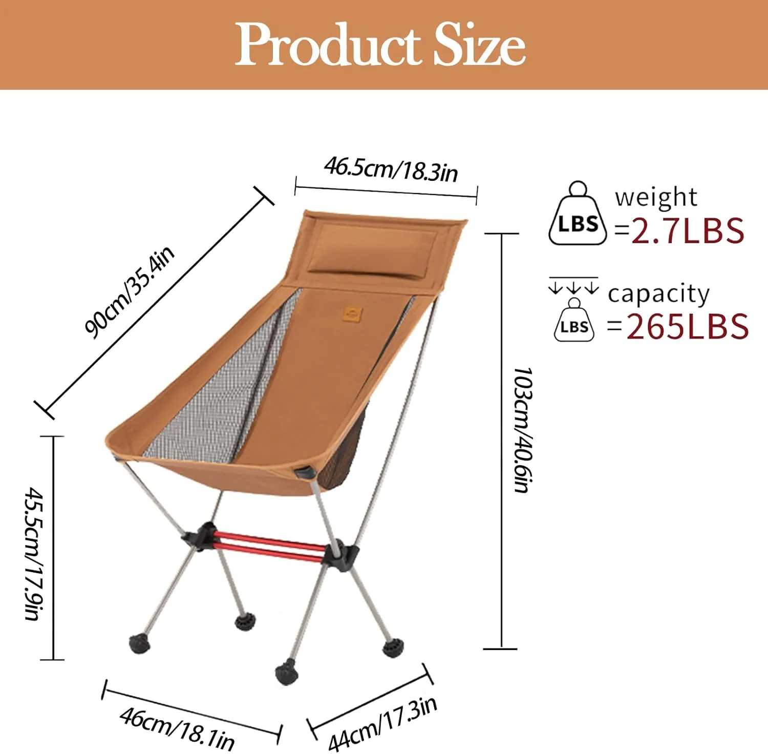 Naturehike Camping Chair, Foldable with Storage Bag, Outdoor Portable for Adults, Lightweight, Supports 265lbs, Backpacking for Fishing, Hiking, Beach, Lawn (Yellow/L)