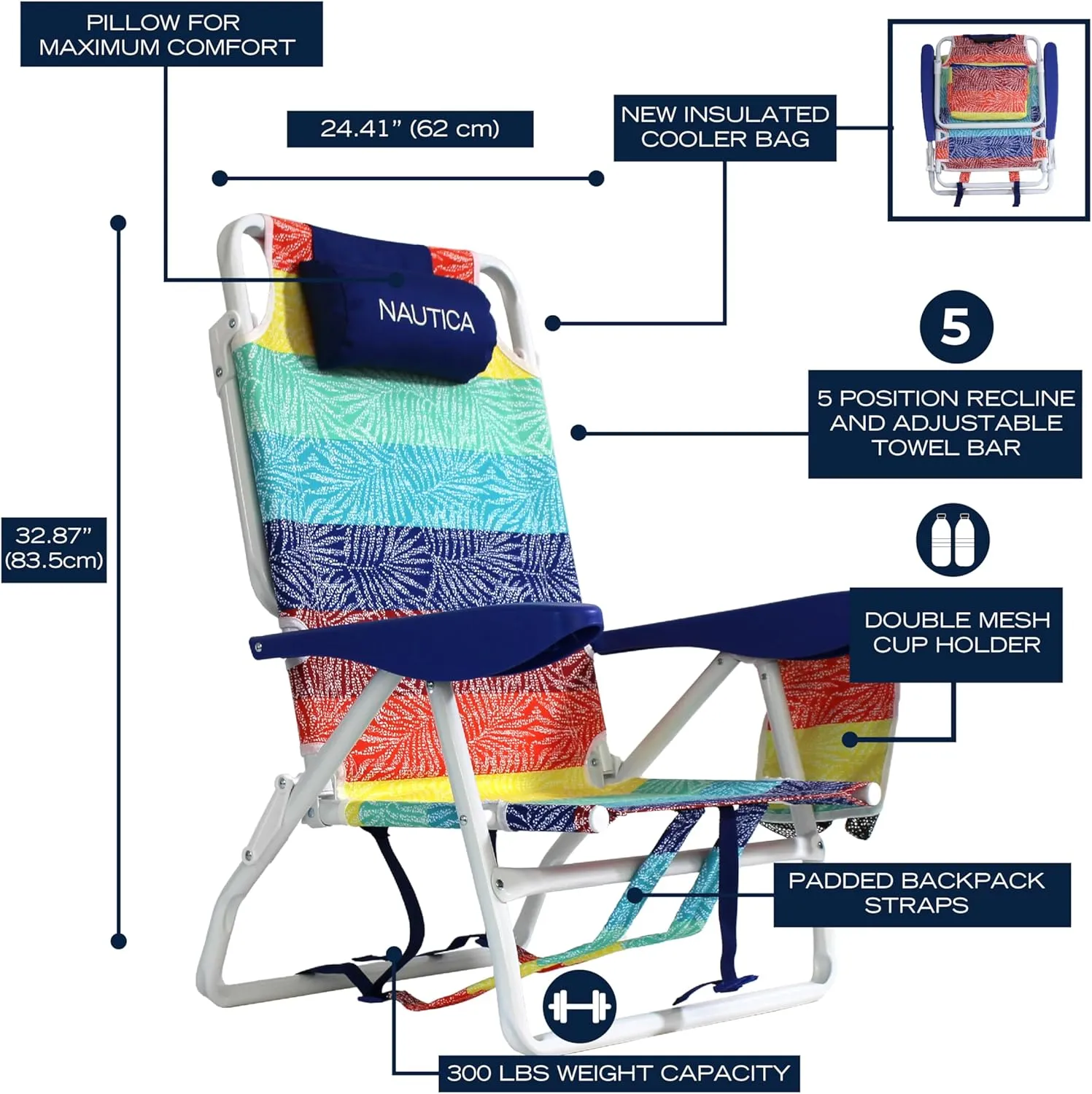 Nautica - Beach Chair, Five Position Backpack Chair, Portable & Adjustable with Padded Pillow and Cup Holders and Attached Insulated Cooler Bag (Dotty Palm Rainbow)
