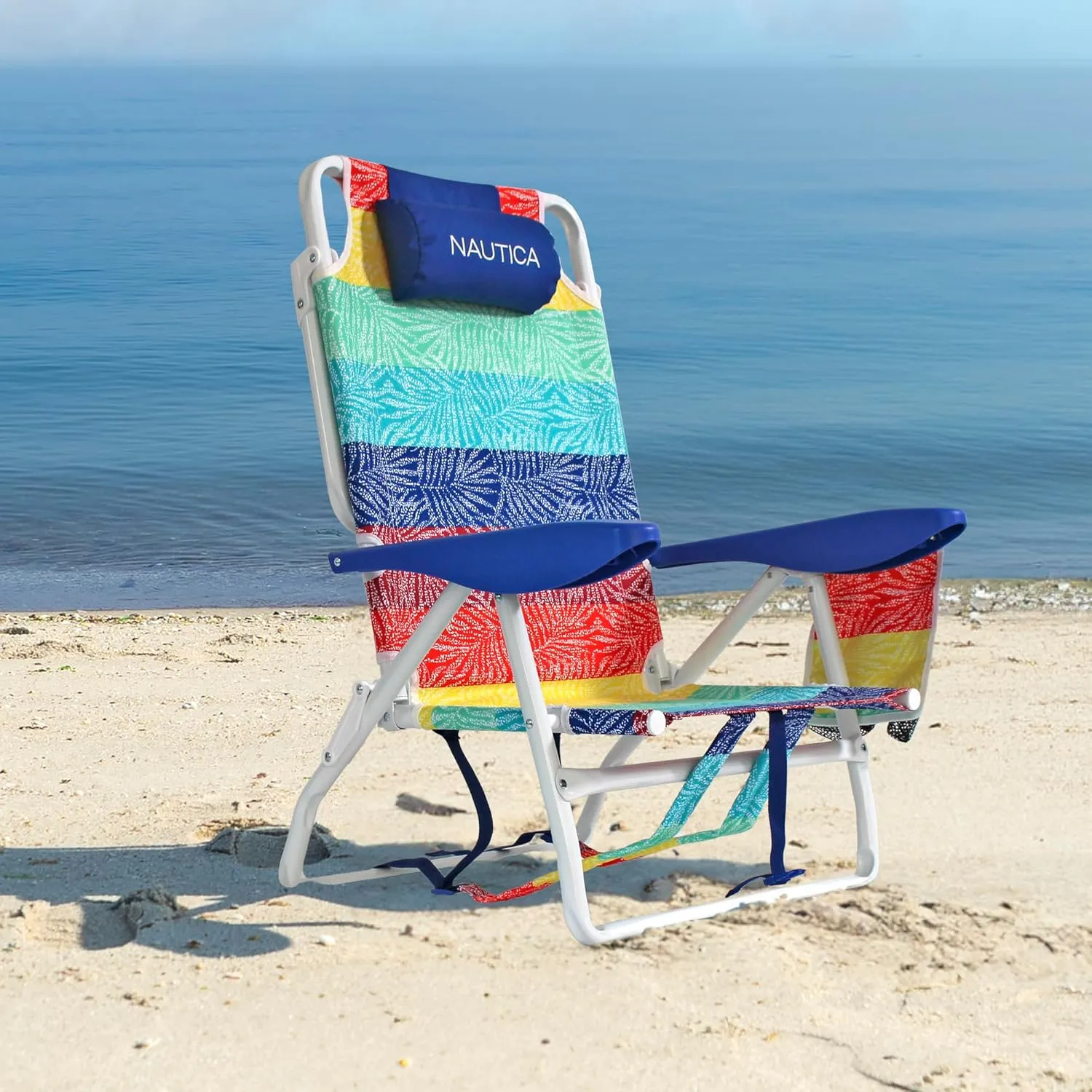 Nautica - Beach Chair, Five Position Backpack Chair, Portable & Adjustable with Padded Pillow and Cup Holders and Attached Insulated Cooler Bag (Dotty Palm Rainbow)