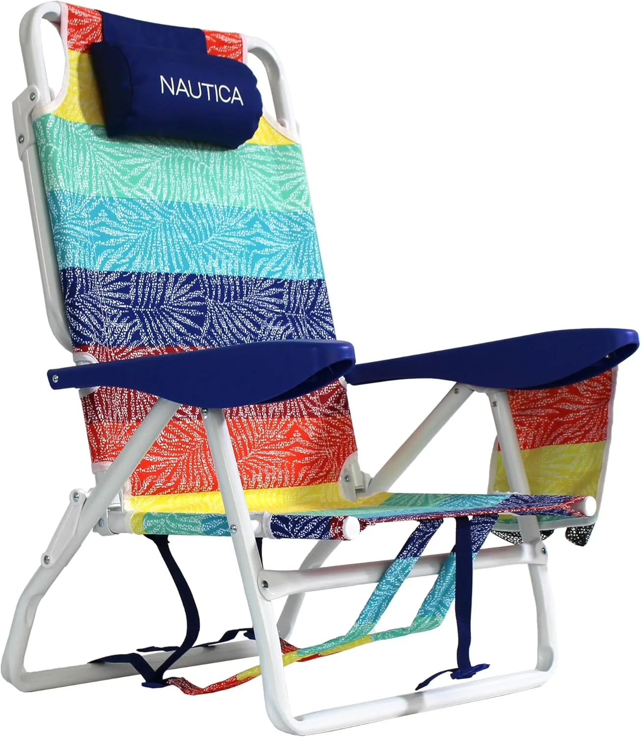 Nautica - Beach Chair, Five Position Backpack Chair, Portable & Adjustable with Padded Pillow and Cup Holders and Attached Insulated Cooler Bag (Dotty Palm Rainbow)