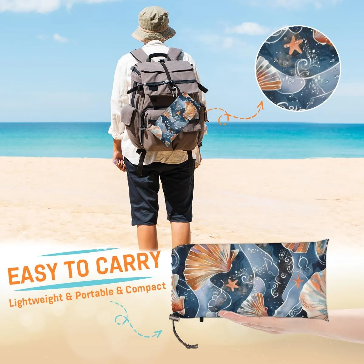 Nautical Beach Blanket, Sandproof Beach Mat, Adults Waterproof Quick Drying Sand Free Mat with 4 x Ground Spikes for Outdoor Travel Camping Hiking, Seashells