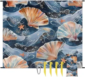 Nautical Beach Blanket, Sandproof Beach Mat, Adults Waterproof Quick Drying Sand Free Mat with 4 x Ground Spikes for Outdoor Travel Camping Hiking, Seashells