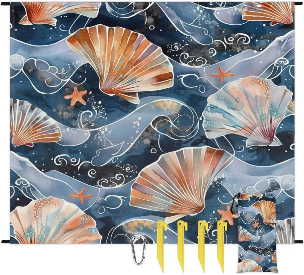 Nautical Beach Blanket, Sandproof Beach Mat, Adults Waterproof Quick Drying Sand Free Mat with 4 x Ground Spikes for Outdoor Travel Camping Hiking, Seashells