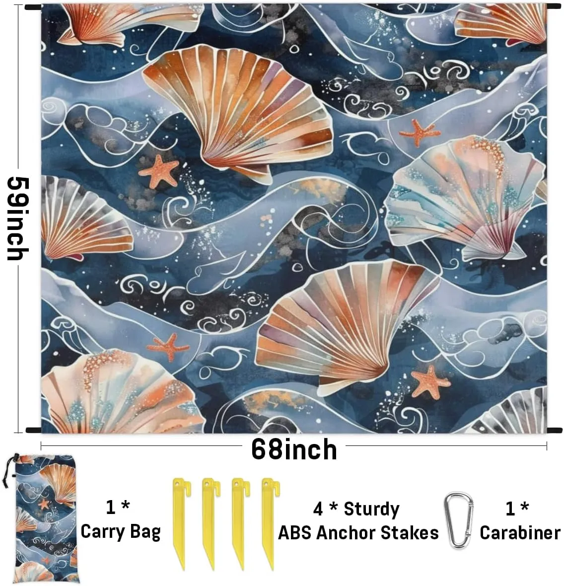 Nautical Beach Blanket, Sandproof Beach Mat, Adults Waterproof Quick Drying Sand Free Mat with 4 x Ground Spikes for Outdoor Travel Camping Hiking, Seashells