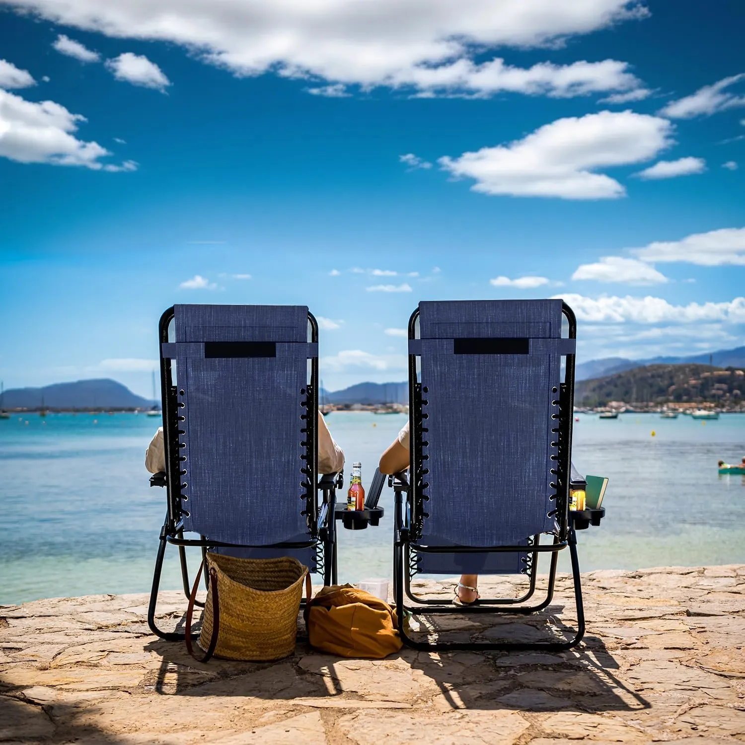 Nestl Zero Gravity Chairs Set of 2, Patio Lounge Chair Outdoor with Pillows & Cup Holder Trays, Adjustable Steel Mesh Reclining Camping Chair, Folding Patio Lawn Chair for Deck, Beach, Yard - Blue