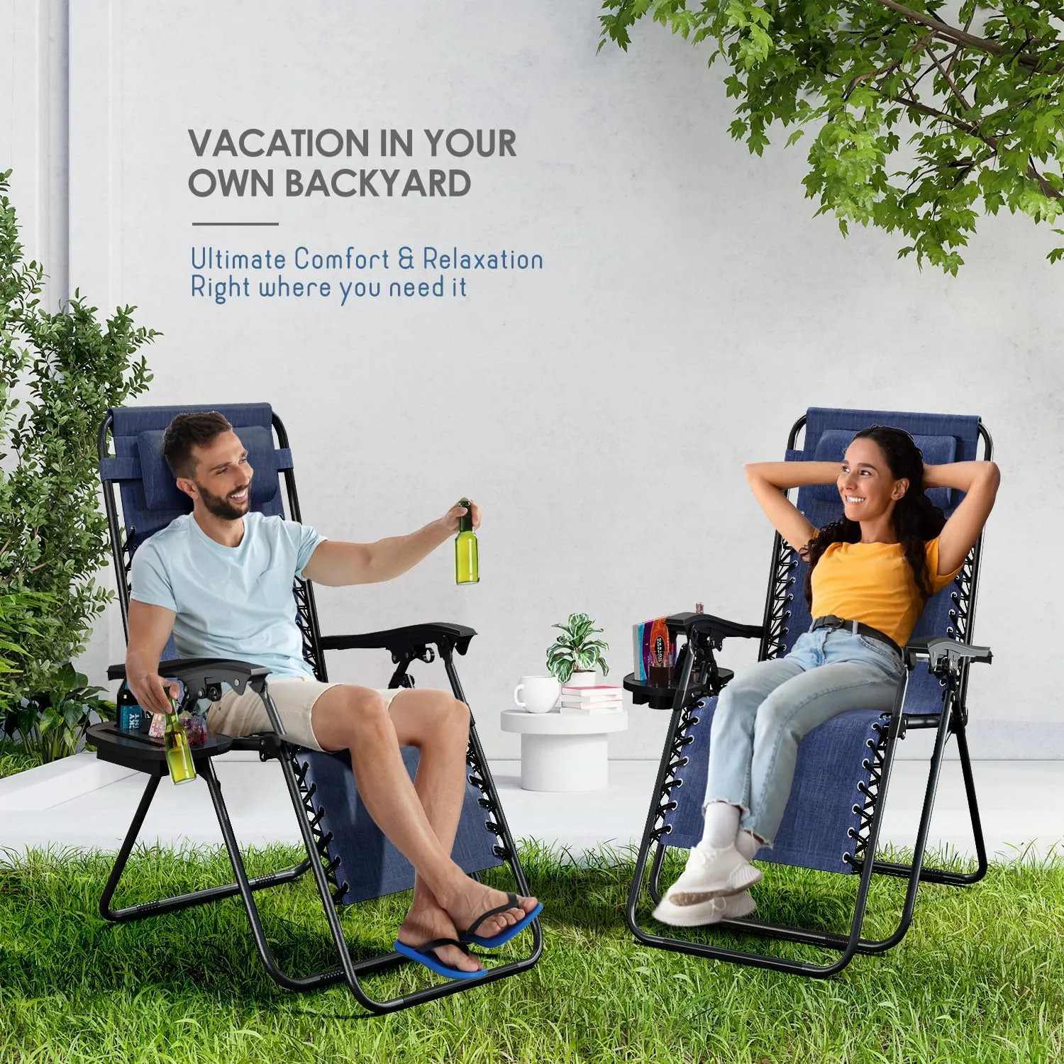 Nestl Zero Gravity Chairs Set of 2, Patio Lounge Chair Outdoor with Pillows & Cup Holder Trays, Adjustable Steel Mesh Reclining Camping Chair, Folding Patio Lawn Chair for Deck, Beach, Yard - Blue