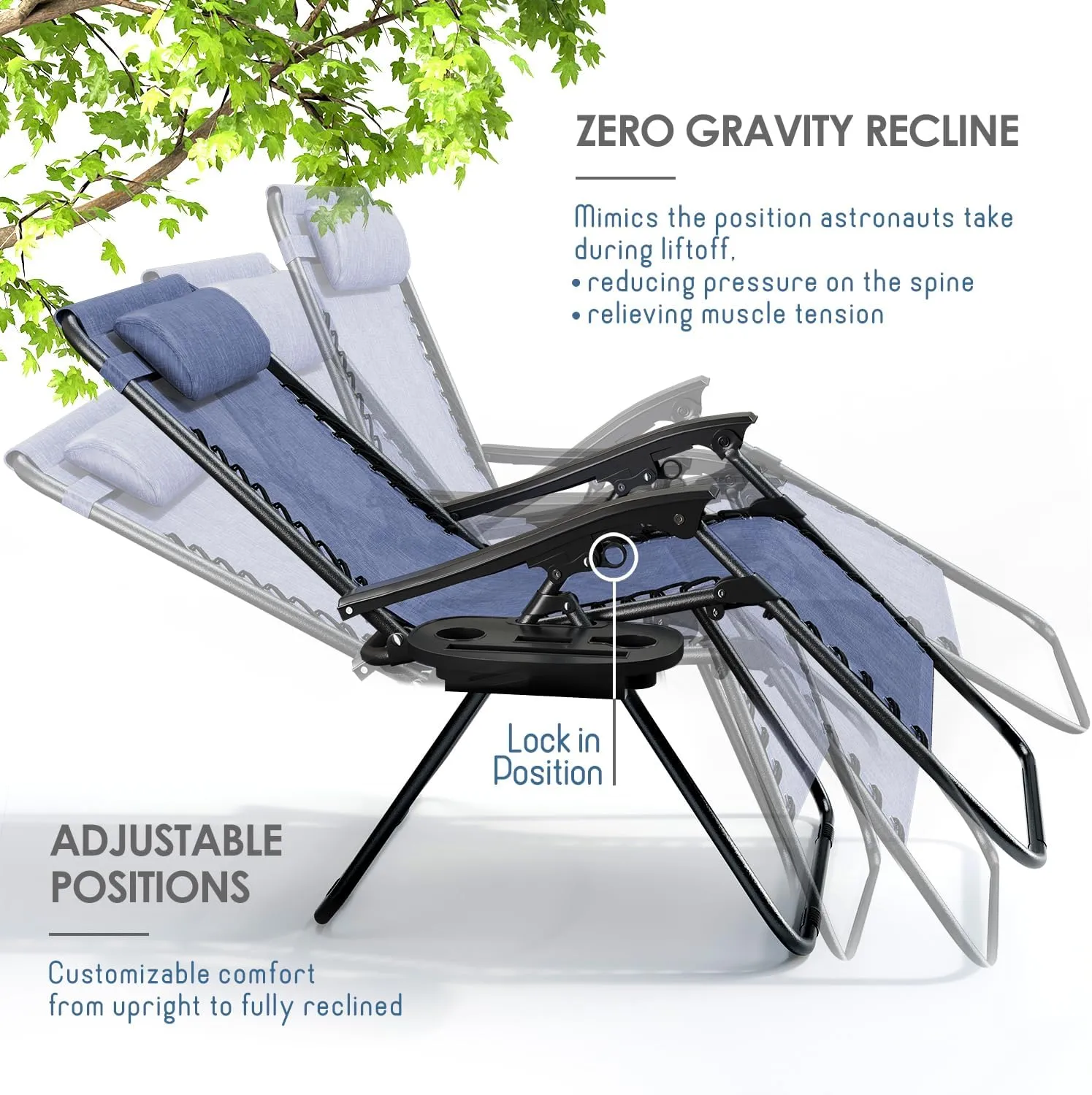 Nestl Zero Gravity Chairs Set of 2, Patio Lounge Chair Outdoor with Pillows & Cup Holder Trays, Adjustable Steel Mesh Reclining Camping Chair, Folding Patio Lawn Chair for Deck, Beach, Yard - Blue