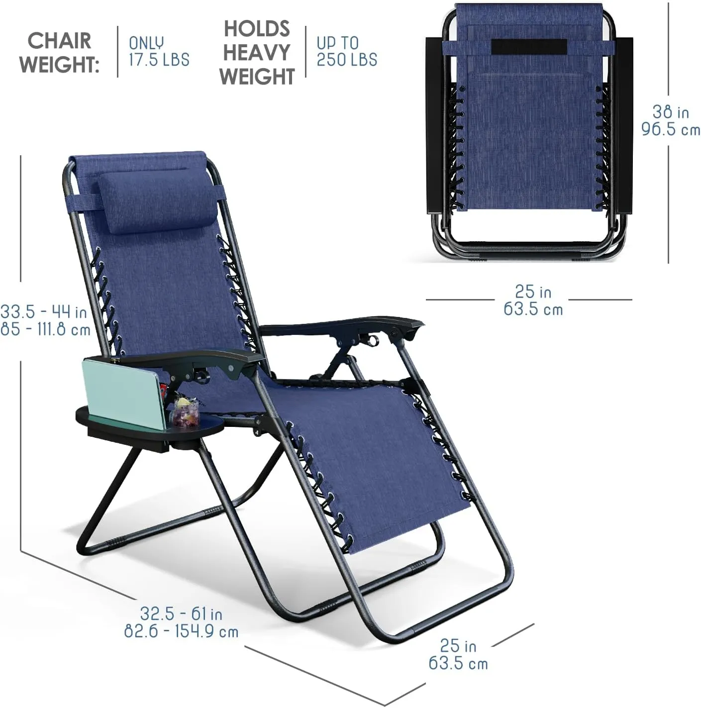 Nestl Zero Gravity Chairs Set of 2, Patio Lounge Chair Outdoor with Pillows & Cup Holder Trays, Adjustable Steel Mesh Reclining Camping Chair, Folding Patio Lawn Chair for Deck, Beach, Yard - Blue