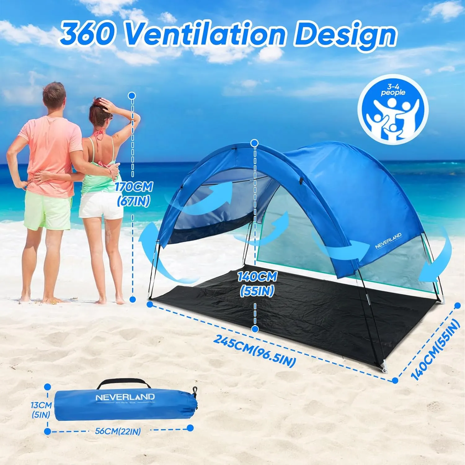 NEVERLAND Beach Sun Shade Canopy Shelter - Outdoor Beach Tent Canopy UPF50  for 3-4 Persons, Easy Set Up with 4 Sandbags & Ground Mat for Beach, Camping, Picnics and Backyard