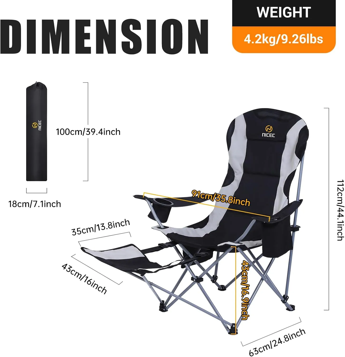 Nice C Camping Chairs, Portable Camping Chairs, Folding Camping Chair, Detachable Foot-Rest, Padded Cushion, Side-Pocket and Carry Bag (One Black)