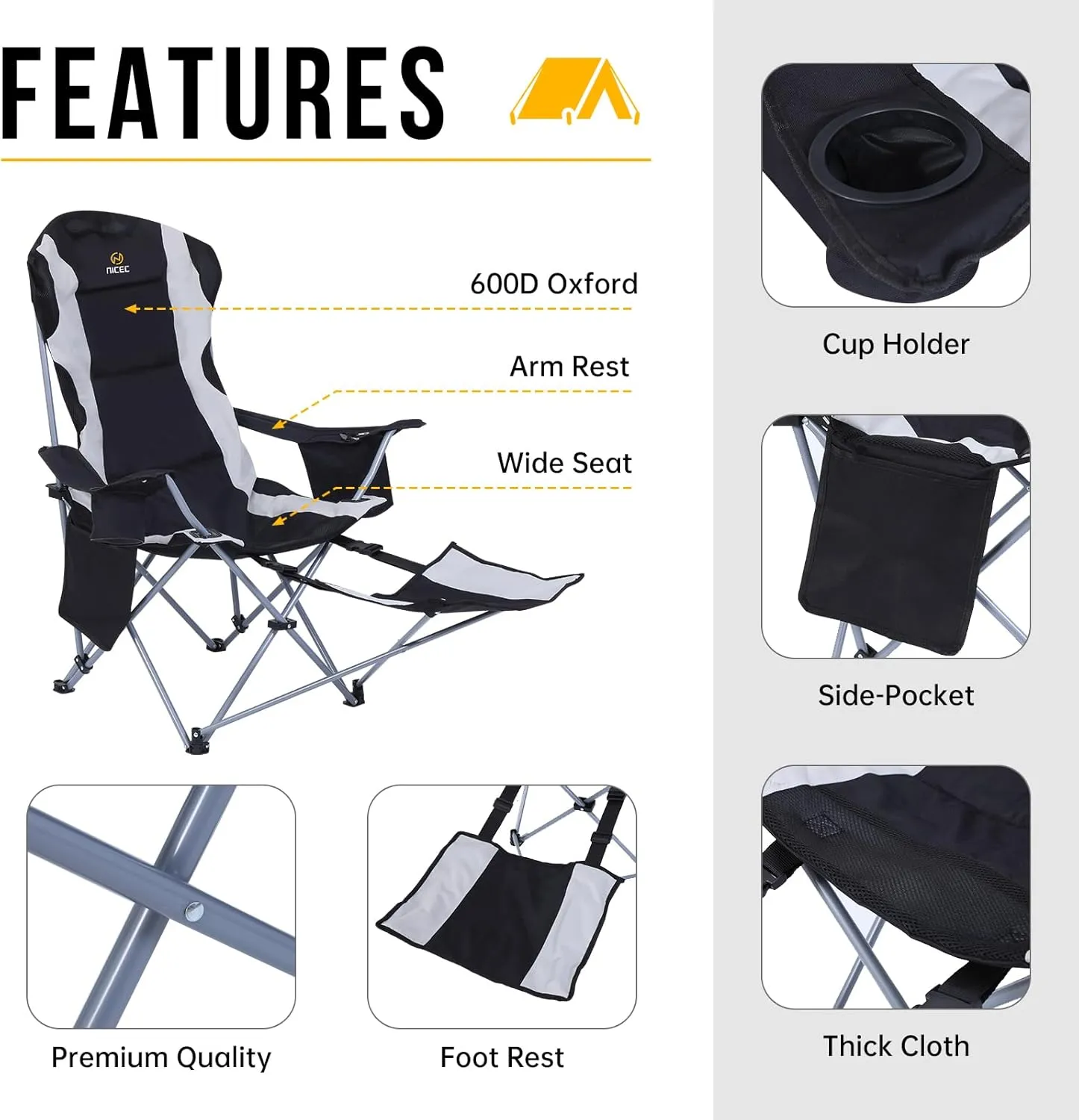 Nice C Camping Chairs, Portable Camping Chairs, Folding Camping Chair, Detachable Foot-Rest, Padded Cushion, Side-Pocket and Carry Bag (One Black)