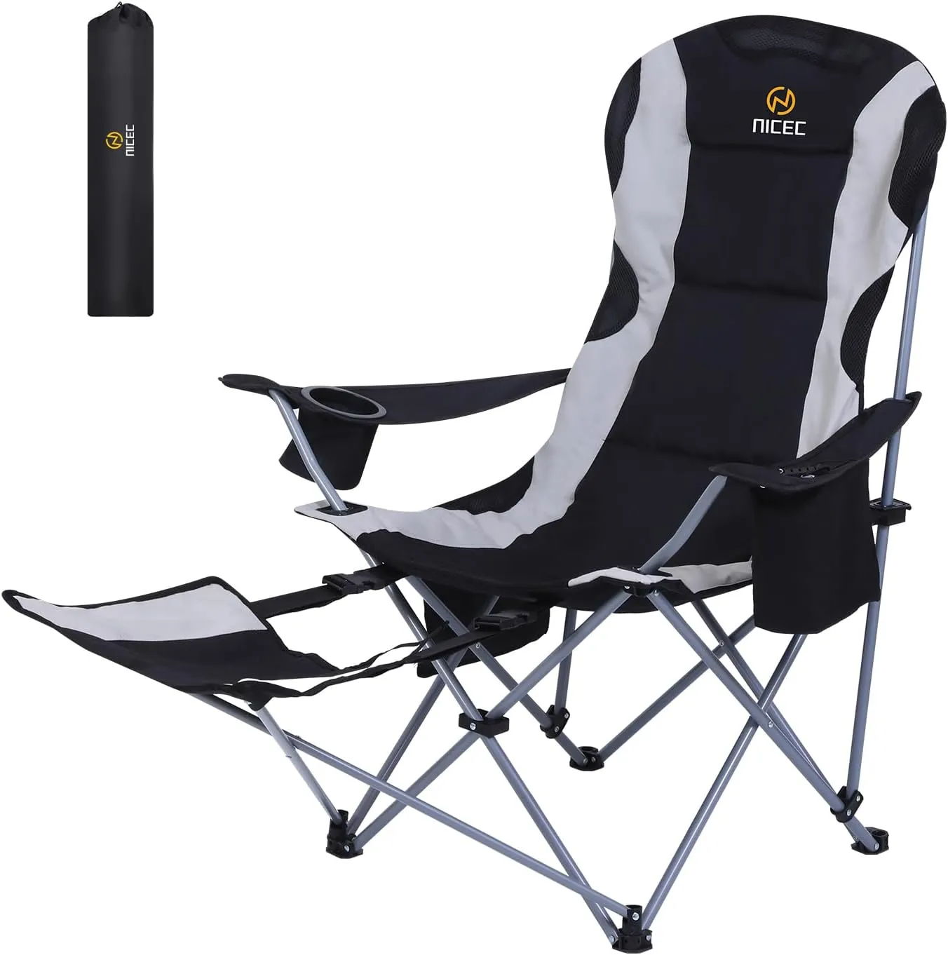 Nice C Camping Chairs, Portable Camping Chairs, Folding Camping Chair, Detachable Foot-Rest, Padded Cushion, Side-Pocket and Carry Bag (One Black)