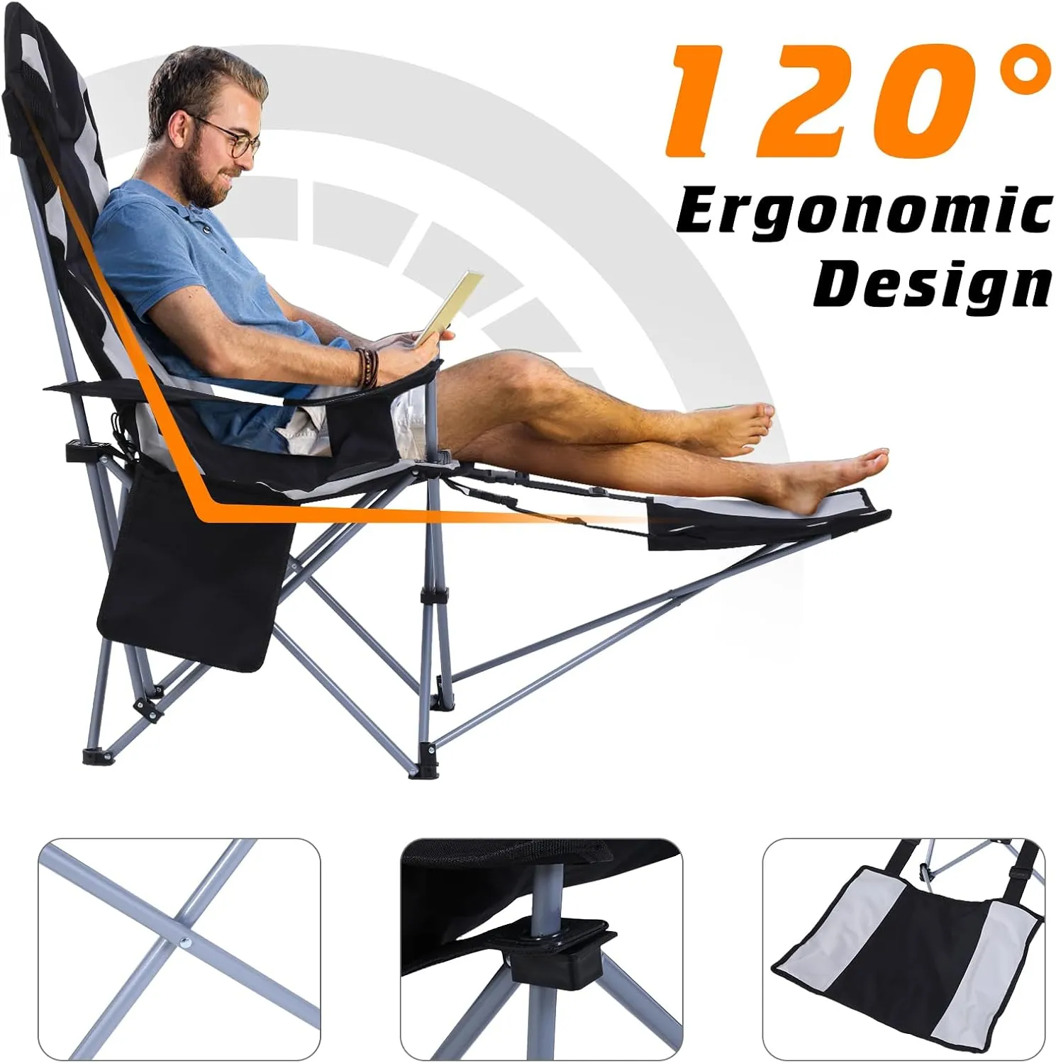 Nice C Camping Chairs, Portable Camping Chairs, Folding Camping Chair, Detachable Foot-Rest, Padded Cushion, Side-Pocket and Carry Bag (One Black)