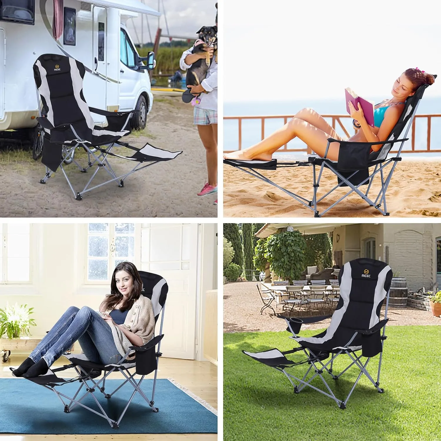 Nice C Camping Chairs, Portable Camping Chairs, Folding Camping Chair, Detachable Foot-Rest, Padded Cushion, Side-Pocket and Carry Bag (One Black)