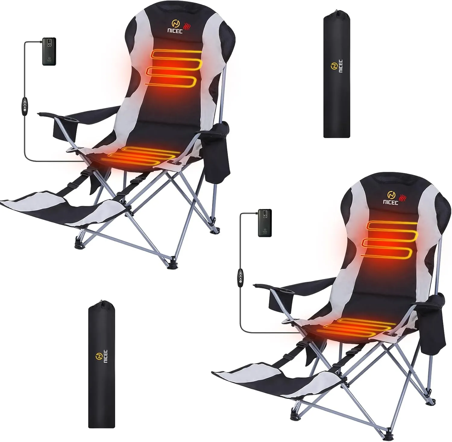 Nice C Heated Camping Chair, Heated Chairs Outdoor, Folding Chair, Detachable Foot-Rest, Beach Chair, Carry Bag, Cupholder & Side Pockets, 10000mAh Power Bank Included (2, Heated Black)
